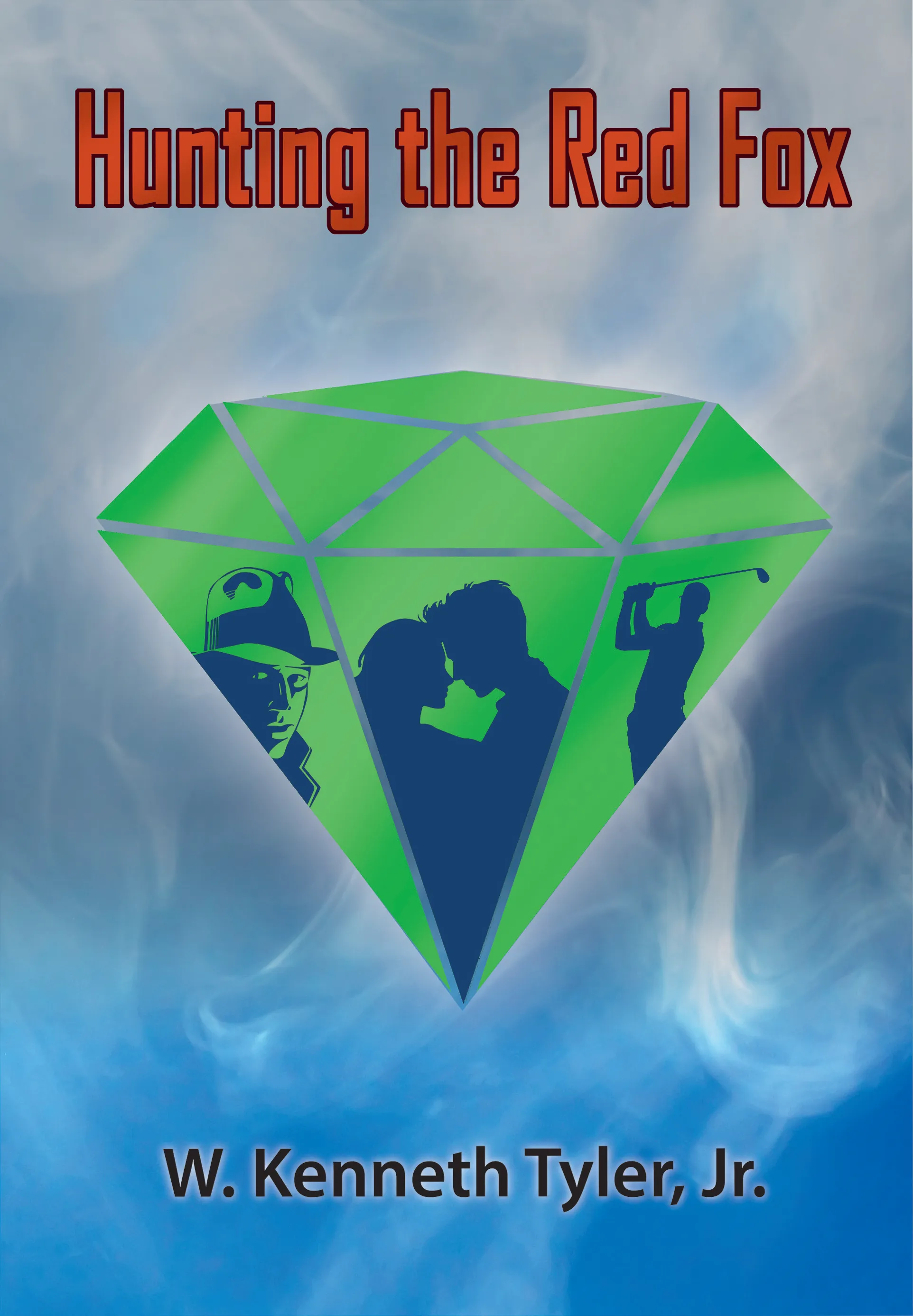 The jacket of Hunting the Red Fox: a green cut diamond on a smoke-blue sky, holding three blue silhouettes — a man in a fedora, a couple, and a golfer mid-swing.