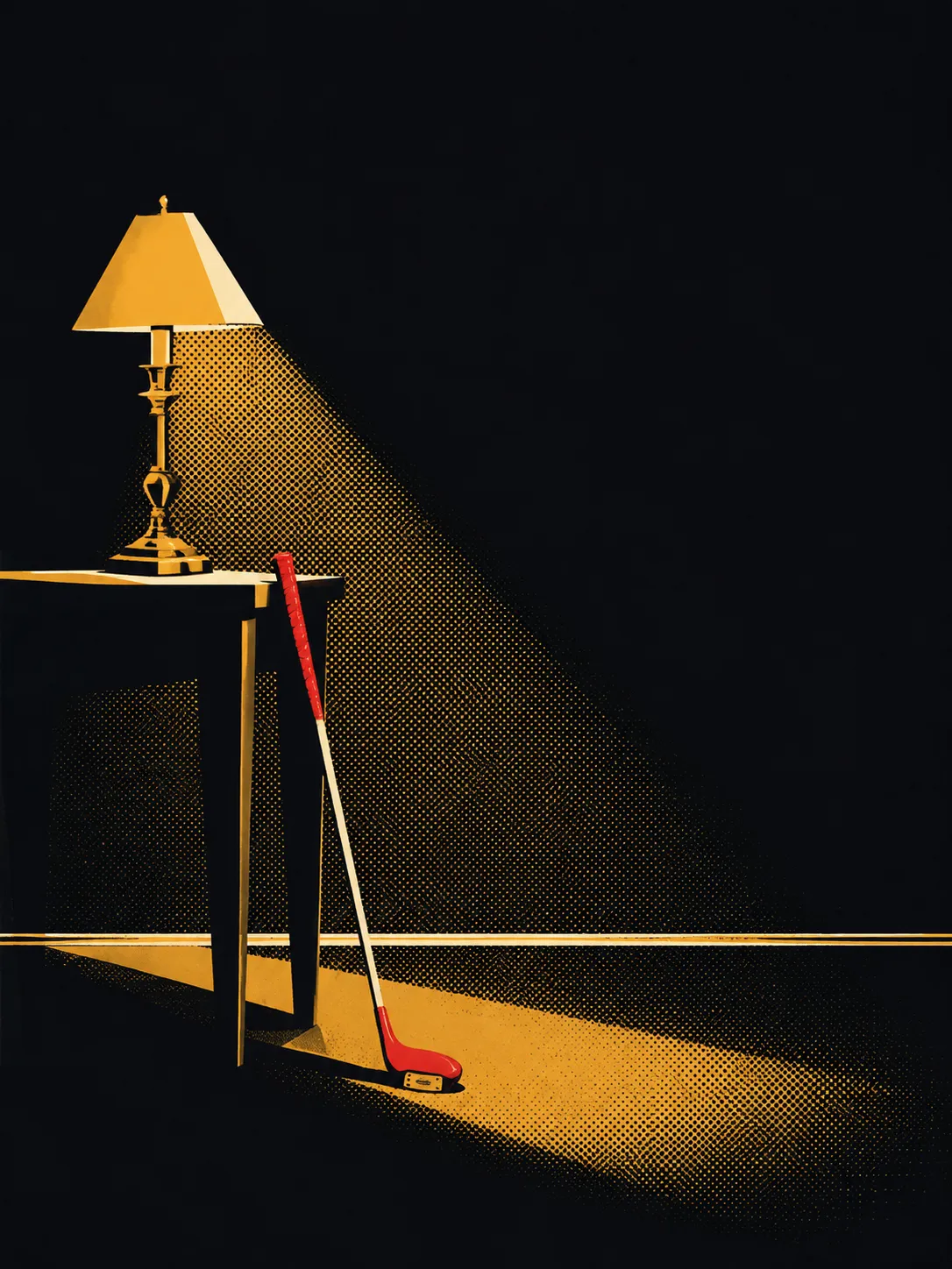 A wooden golf driver with a red head leaning against a side table in a dark room, lit by a single brass lamp throwing a wedge of amber light across the floor.