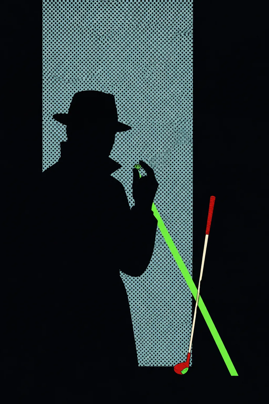 A man in a fedora and trench coat in flat black silhouette against a lit panel of frosted glass, holding up a small green diamond that throws a hard green streak across the frame, a golf club propped beside him.