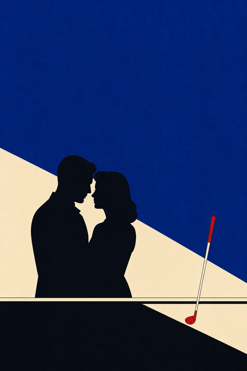 Two figures in flat black silhouette facing each other with their foreheads almost touching, against a deep blue wall split by a hard diagonal wedge of cream light, a golf club leaning at the right of the frame.