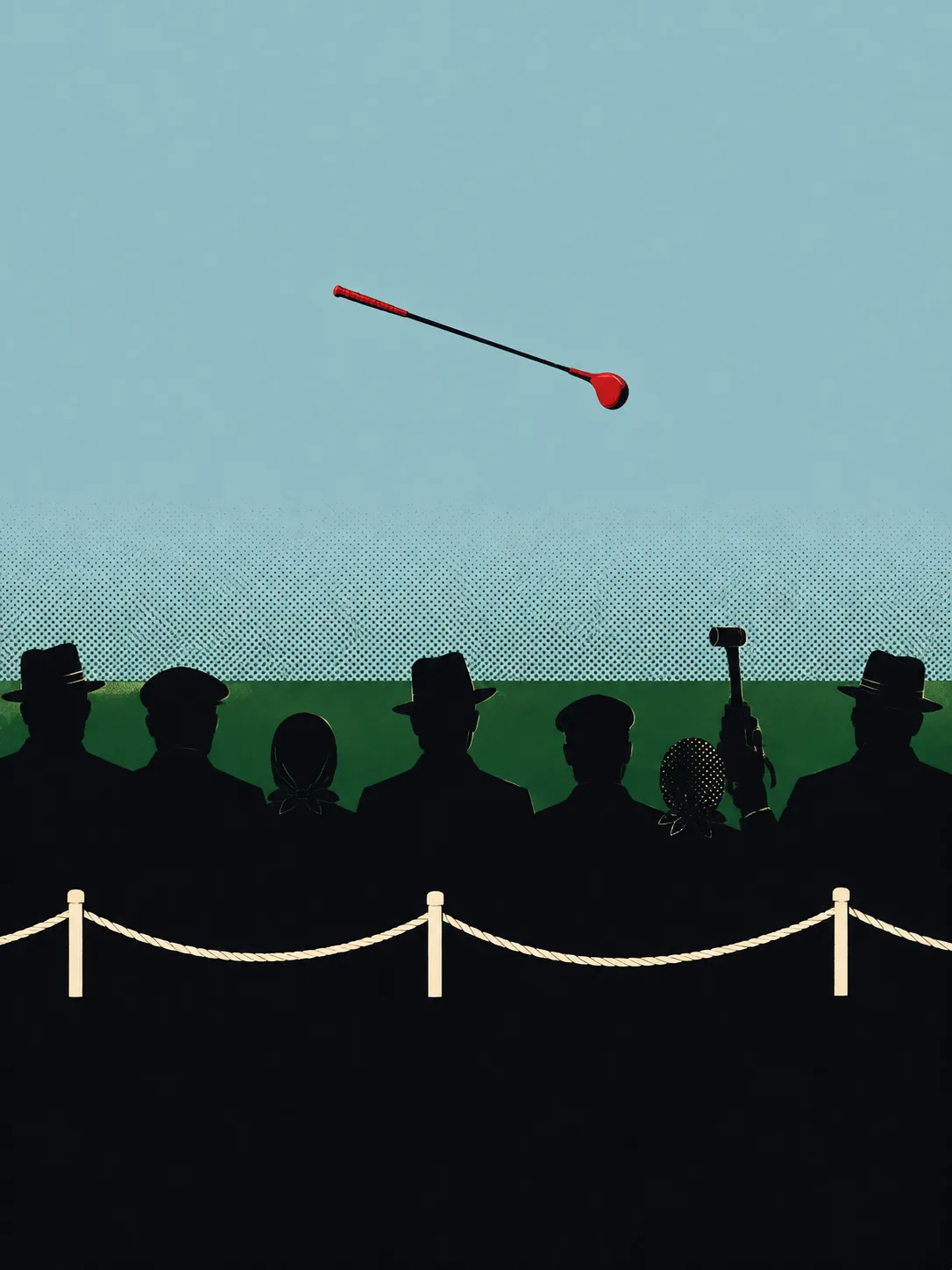 A 1950s golf tournament gallery seen from behind as flat black silhouettes in fedoras and headscarves, a rope line in front of them, a club arcing through the pale sky above.