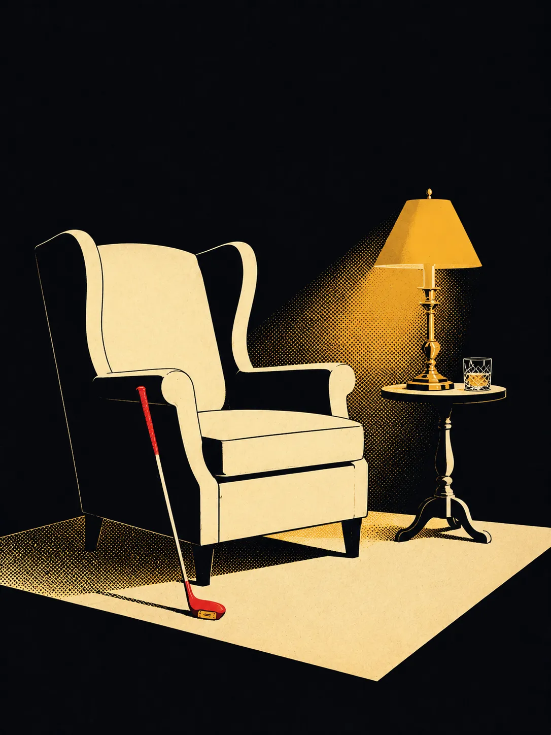 An empty wing-back armchair in lamplight, a tumbler of whisky on the side table beside it, and a golf club leaning against the chair leg.